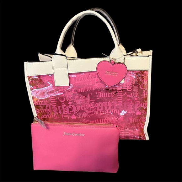 Juicy Couture Heart Beachin Large Tote Bag, Pink & Yellow PVC, White Handles NWT - Picture 2 of 11
